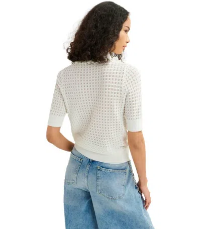 Essentiel Antwerp Off-white Polo With Ruffles And Rhinestone-embellished Buttons In White