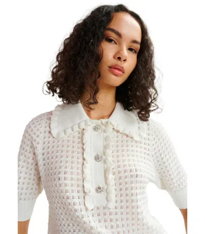 Essentiel Antwerp Off-white Polo With Ruffles And Rhinestone-embellished Buttons In White