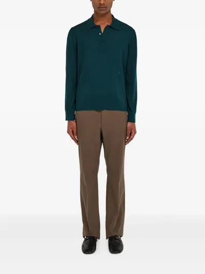 Ferragamo Wool Polo Shirt With Long Sleeves In Green