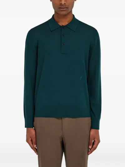 Ferragamo Wool Polo Shirt With Long Sleeves In Green