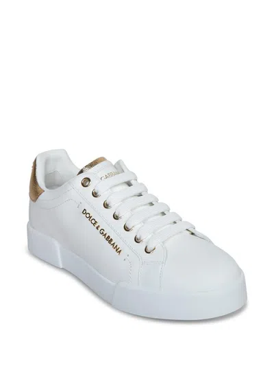 Dolce & Gabbana Portofino White Sneaker With Logo And Metallic Inserts In Leather Woman In White