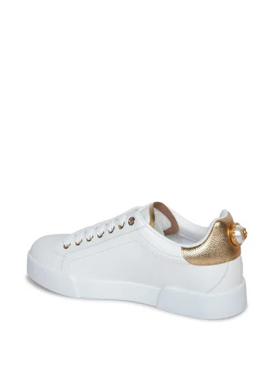 Dolce & Gabbana Portofino White Sneaker With Logo And Metallic Inserts In Leather Woman In White