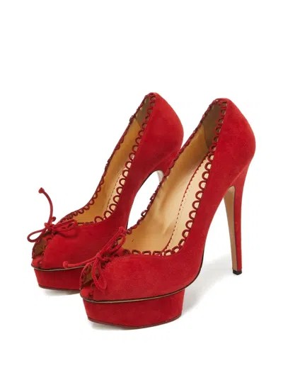 Pre-owned Charlotte Olympia Scalloped Bow Platform Pumps In Red
