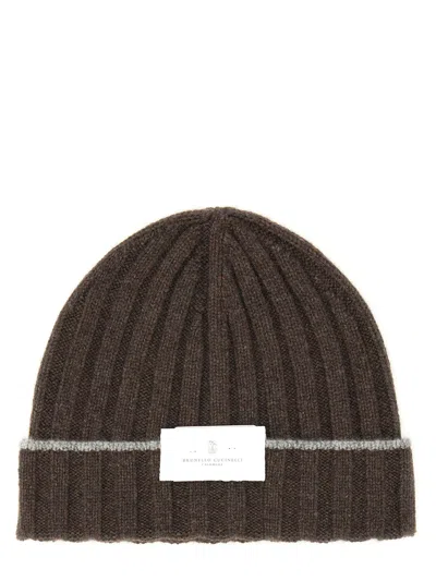 Brunello Cucinelli Ribbed-knit Logo-patch Beanie Hat In Brown