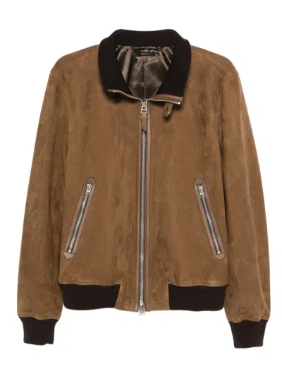 Tom Ford Suede Bomber Jacket In Brown