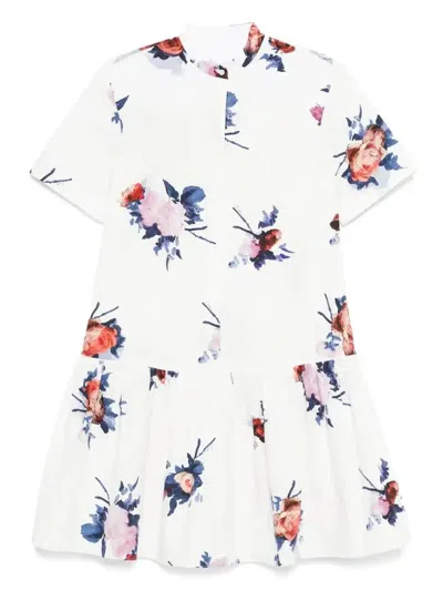 Erdem Tiered Floral-print Cotton-poplin Mini Shirt Dress In White