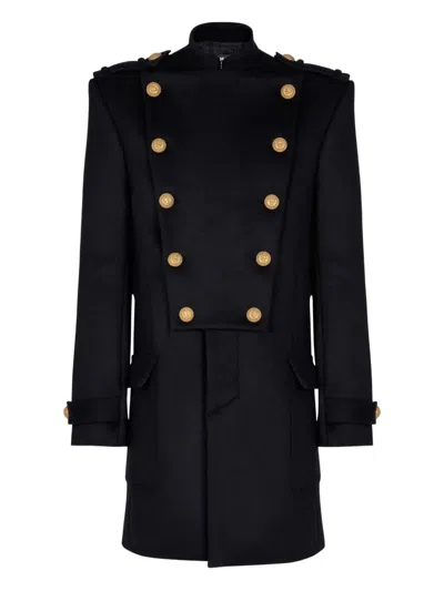 Balmain Virgin Wool Coat With Iconic Gold Buttons In Black