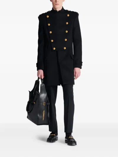 Balmain Virgin Wool Coat With Iconic Gold Buttons In Black