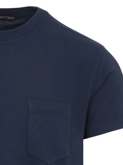 Tom Ford Indigo Blue Cotton T-shirt With Chest Pocket And Crew Neck
