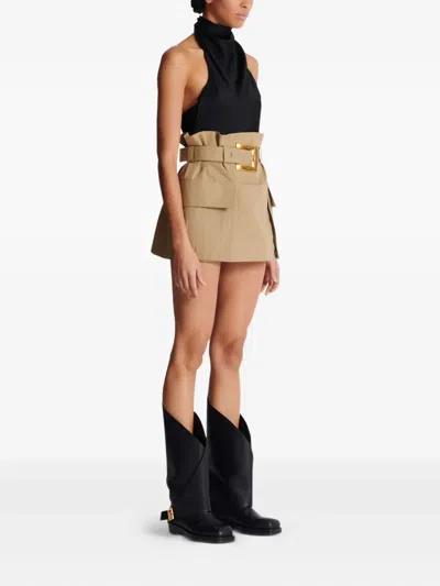 Balmain Cotton Gabardine High-waist Mini Skirt In Brown