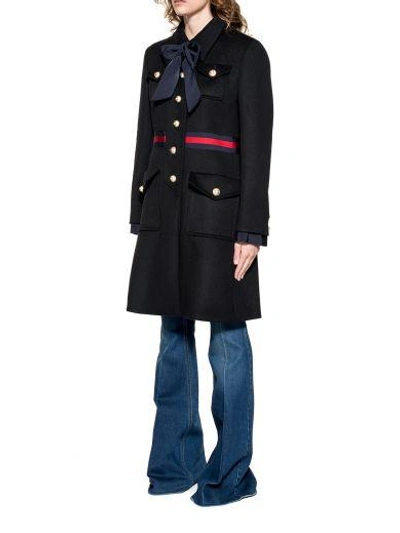 Shop Gucci Black Wool Coat With Bow