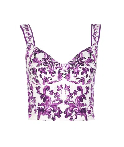 Dolce & Gabbana Cotton Blend Bustier Top With Maiolica Print In Purple