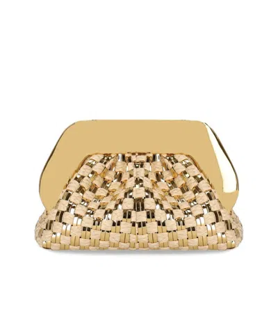 Themoirè Tia Micro Weaved Straw Laminated Gold Clutch Bag