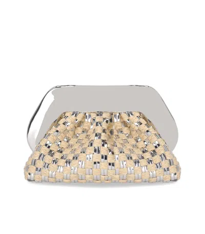 Themoirè Tia Micro Weaved Straw Laminated Silver Clutch Bag