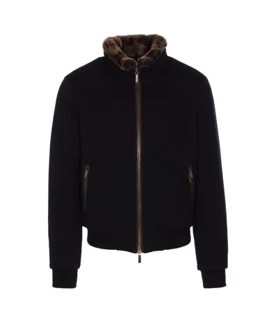 Moorer Padded Fleece Zip-up Jacket With Detachable Faux-fur Collar In Brown
