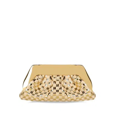 Themoirè Emera Micro Weaved Straw Laminated Gold Clutch Bag