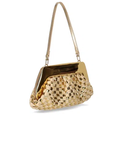 Themoirè Emera Micro Weaved Straw Laminated Gold Clutch Bag