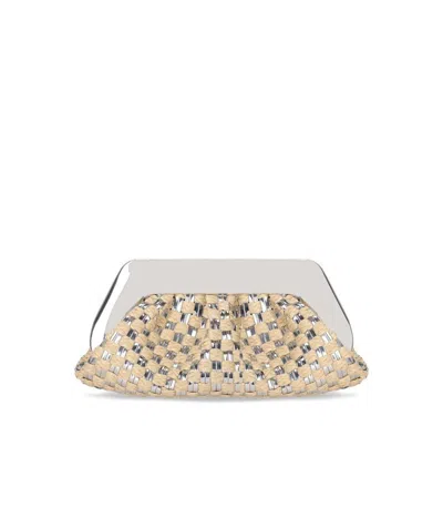 Themoirè Emera Micro Weaved Straw Laminated Silver Clutch Bag