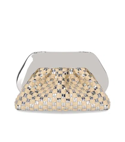 Themoirè Tia Micro Weaved Straw Laminated Silver Clutch Bag