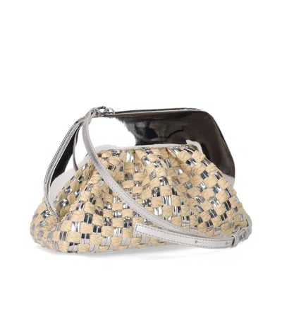 Themoirè Tia Micro Weaved Straw Laminated Silver Clutch Bag