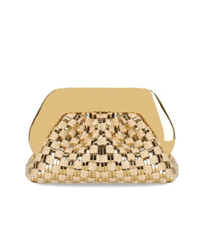 Themoirè Tia Micro Weaved Straw Laminated Gold Clutch Bag