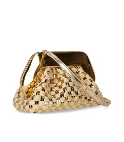 Themoirè Tia Micro Weaved Straw Laminated Gold Clutch Bag