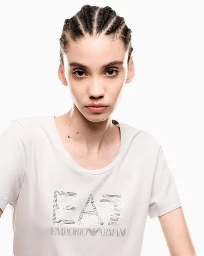 Ea7 Logo Series Stretch-cotton Crew-neck T-shirt With Rhinestones In White
