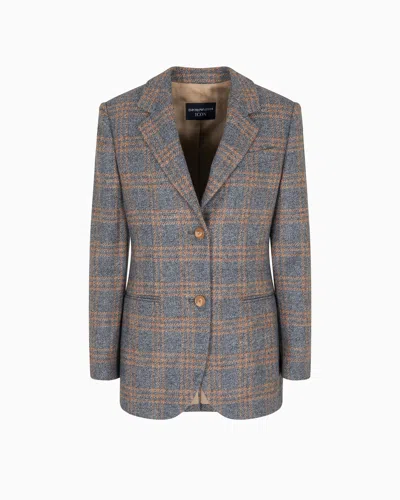 Emporio Armani Icon Virgin-wool Blend Single-breasted Blazer With Check Motif In Gray
