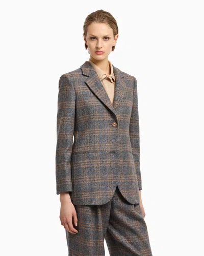 Emporio Armani Icon Virgin-wool Blend Single-breasted Blazer With Check Motif In Gray