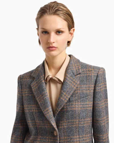Emporio Armani Icon Virgin-wool Blend Single-breasted Blazer With Check Motif In Gray