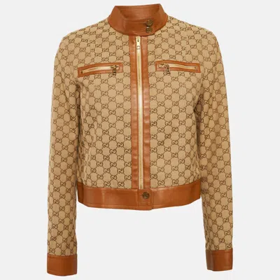 Pre-owned Gucci Brown Gg Brown Cotton Canvas Zip-up Jacket L