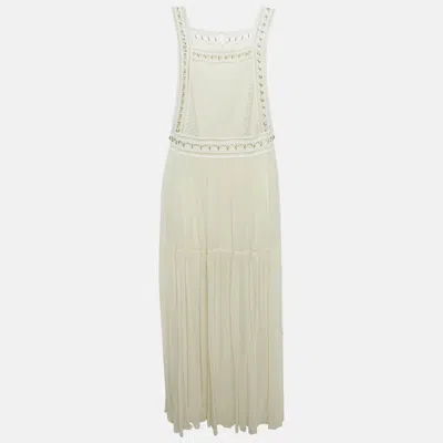 Pre-owned Chloé Milk White Lace And Crepe Silk Metal Ring Detail Maxi Dress M