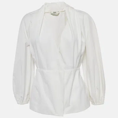 Pre-owned Fendi White Cotton Gathered Wrap Blouse S