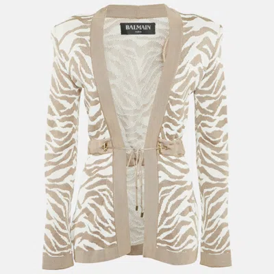 Pre-owned Balmain Beige/white Zebra Pattern Jacquard Knit Drawstring Detail Cardigan S