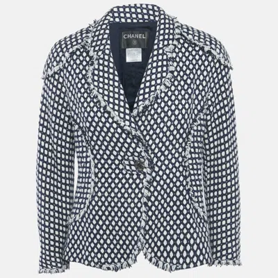 Pre-owned Chanel Navy Blue Tweed Fringed Button Front Jacket M