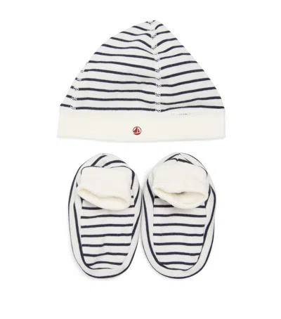 Petit Bateau Striped Hat And Booties Set In White