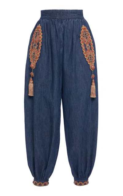 Valentino Embroidered Chambray Denim Wide-leg Crop Blouson Trousers