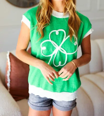 Haptics Lucky Embroidered Clover Short Sleeve Dolman Sweater In Kelly Green In Green