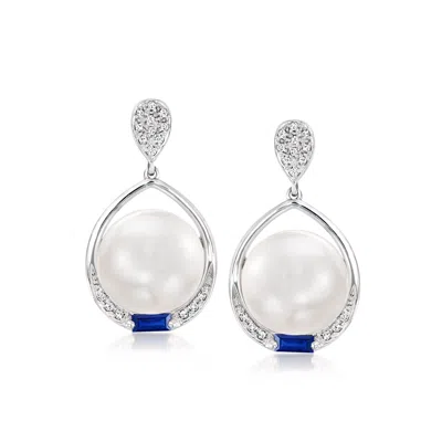Ross-simons 10.5-11mm Cultured Pearl And . Sapphire Drop Earrings With Diamond Accents In 14kt White Gold In Blue