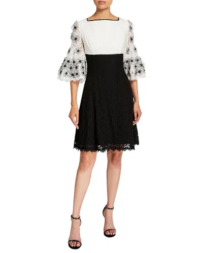 Shani Colorblock Fit-&-flare Lace Dress With Floral Sleeve Applique In Multi