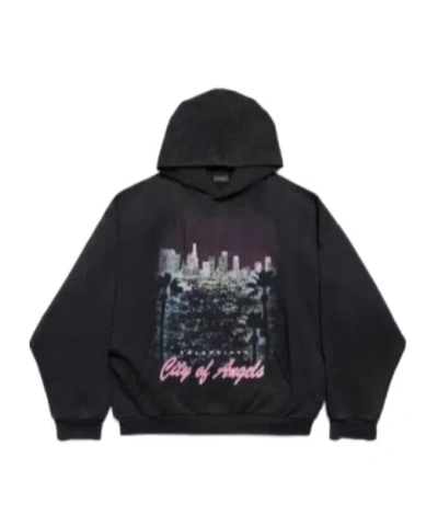 Balenciaga Hooded Graphic Print Sweater With Ribbed Cuffs In Black