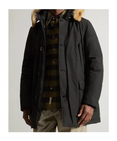 Woolrich Arctic Parka In Ramar Cloth With Detachable Fur Trim In Black
