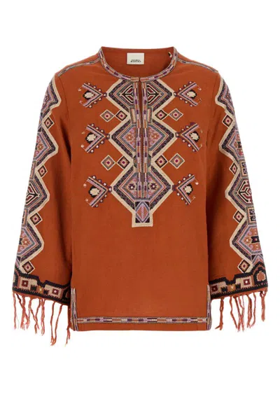 Isabel Marant Silk Blouse Embroidered Geometric Pattern In Orange