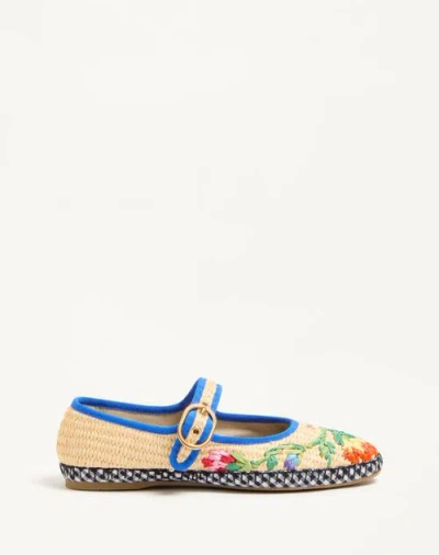 Valentino Garavani Mary-jane Endouce Ballerina In Raffia With Floral Embroidery Woman Natural/multic