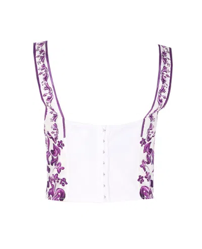 Dolce & Gabbana Cotton Blend Bustier Top With Maiolica Print In Purple