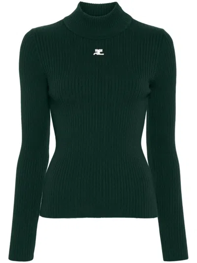 Courrèges Re-edition Rib Knit Mockneck Sweater In Green