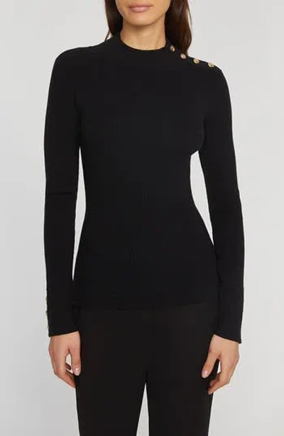 Elie Tahari The Naya Button Shoulder Rib Sweater In Black