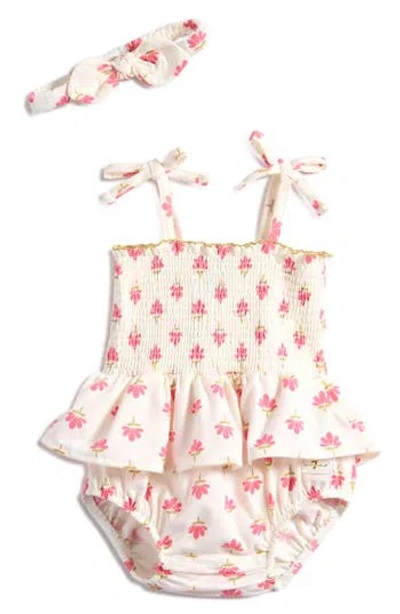 7 For All Mankind Smocked Bubble Bodysuit & Headband Set In Pink