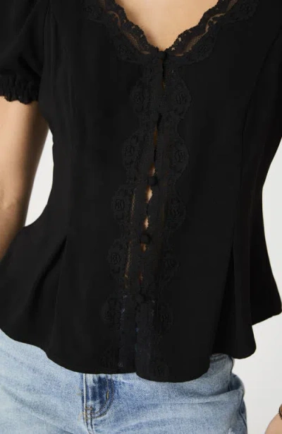 French Connection Lace Trim Puff Sleeve Button Front Peplum Top