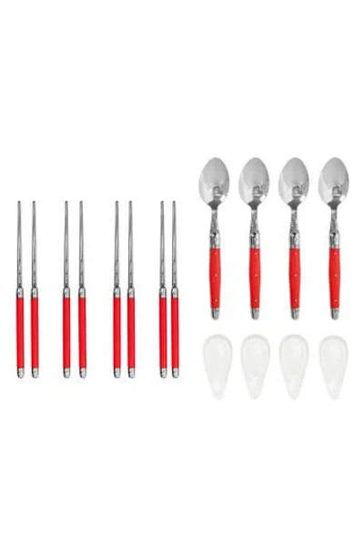 French Home 12-piece Laguiole Spoons, Chopsticks & Ceramic Rest Set In Red